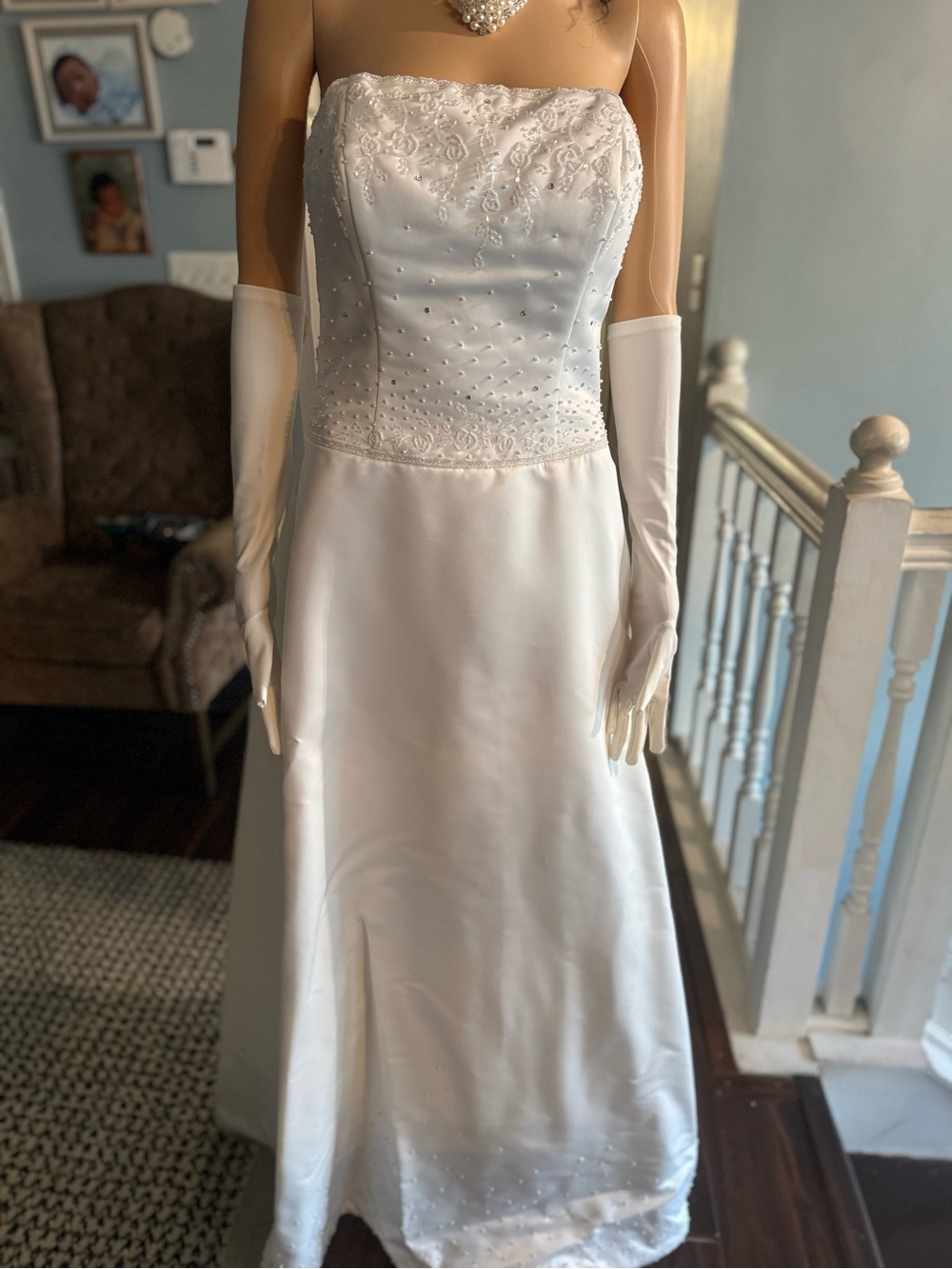 Strapless White Satin Bridal Gown with Beaded Bodice